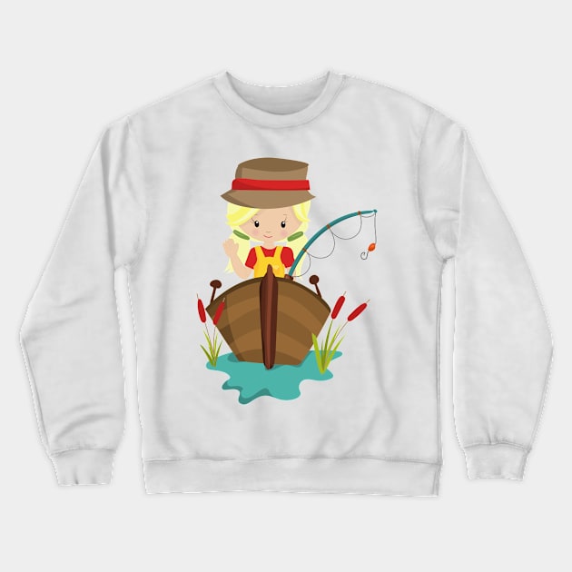 Fishing Girl, Fishing Rod, Fisherman, Blonde Hair Crewneck Sweatshirt by Jelena Dunčević